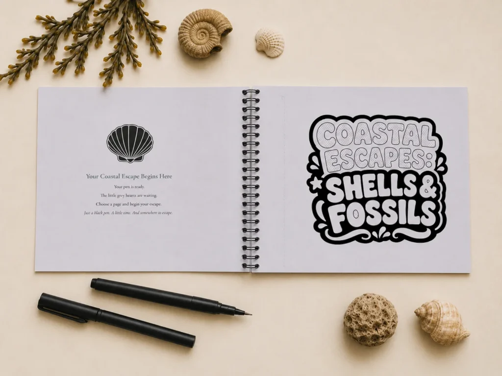 Open spiral-bound Coastal Escapes: Shells & Fossils colouring book lying flat on a white surface, showing the collection introduction page beside an uncoloured title artwork page.