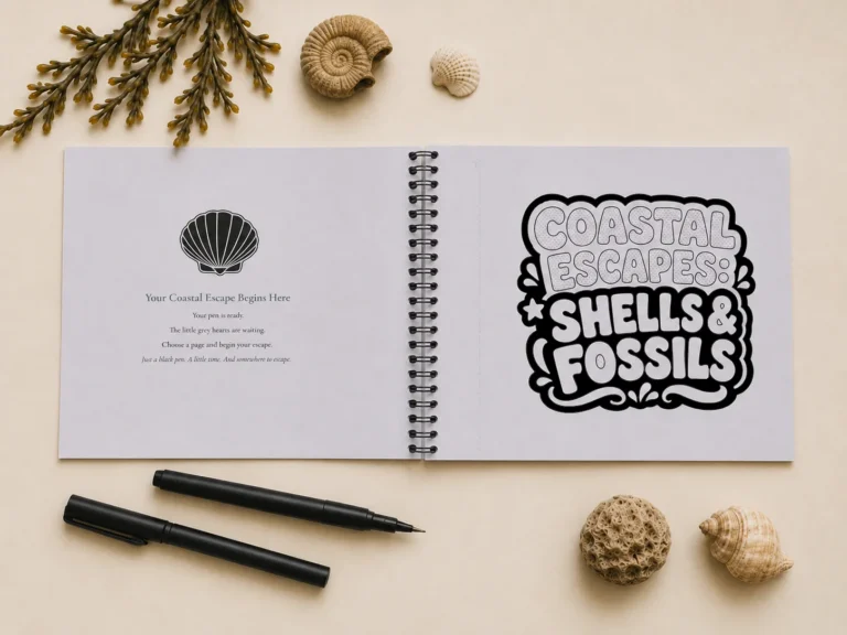 Open spiral-bound Coastal Escapes: Shells & Fossils colouring book lying flat on a white surface, showing the collection introduction page beside an uncoloured title artwork page.