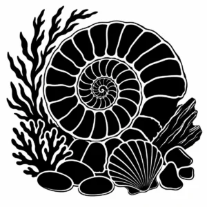 Large ammonite fossil surrounded by seaweed, shells and coastal stones.