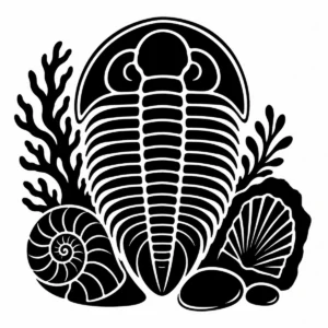 Trilobite fossil surrounded by seaweed, shells and coastal stones.