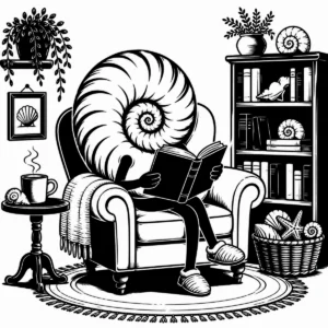 Whimsical spiral shell reading a book in a cosy coastal room.
