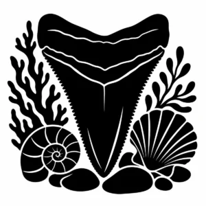 Large fossilised shark tooth surrounded by seaweed and coastal plants.