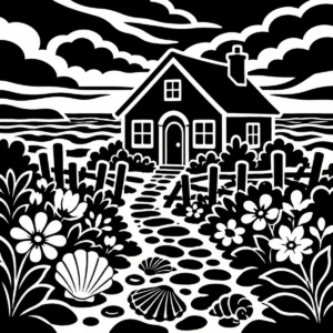Small coastal cottage reached by a winding path decorated with shells.