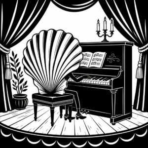 Cheerful scallop shell playing a piano on a theatre stage.