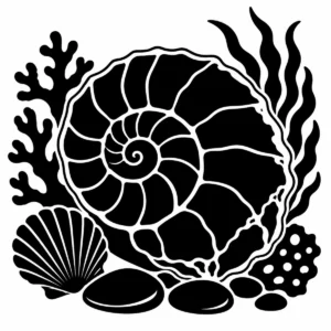 Fossilised shell embedded in stone with simple coastal details.