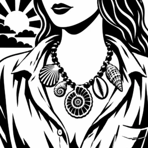 Young woman wearing a handmade necklace decorated with collected shells.