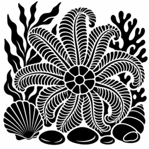 Crinoid sea lily fossil surrounded by coastal plants, shells and stones.