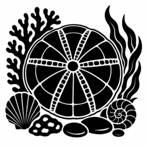 Fossilised sea urchin surrounded by shells, seaweed and smooth stones.