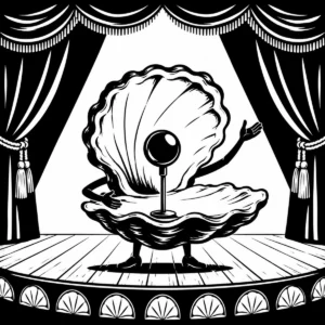 Whimsical oyster singing into a microphone on a theatre stage.