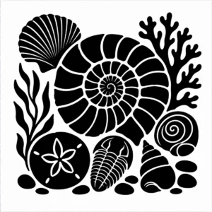 Collection of shells and fossils arranged together as coastal finds.