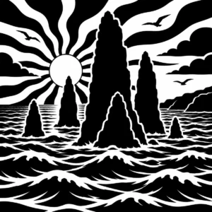 Tall sea stacks rising from the water beneath a coastal sky.