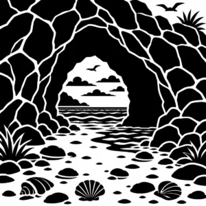 View into a sea cave framed by rock formations and coastal water.