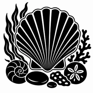 Large scallop shell with radiating ridges and simple coastal details.
