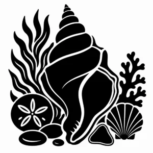 Large spiral whelk shell with bold ridges and coastal details.
