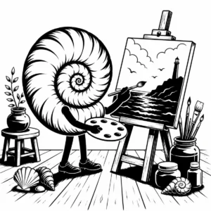 Whimsical spiral shell painting at an easel in an artist’s studio.