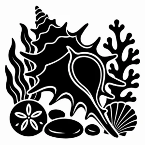 Large spined murex shell surrounded by simple coastal details.