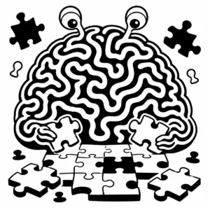Whimsical brain coral character assembling a large jigsaw puzzle.