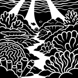 Wide monochrome coral garden filled with rounded reef forms, shelves and sponges.