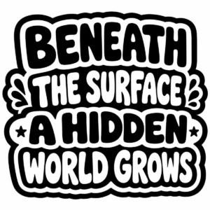 Bold monochrome lettering reading Beneath the Surface, a Hidden World Grows.
