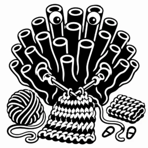 Whimsical tube coral character knitting with oversized needles.