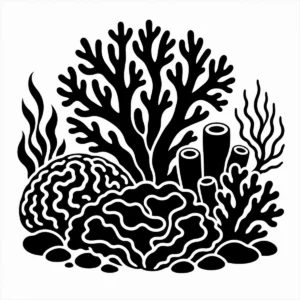 Monochrome mixed coral display showing varied reef growth forms.