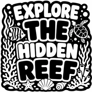 Bold monochrome lettering reading Explore the Hidden Reef.