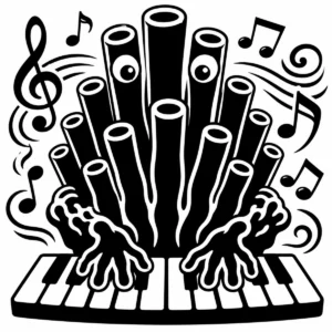 Whimsical organ-pipe coral characters playing a grand coral organ.