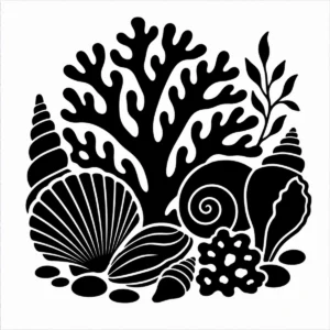 Monochrome arrangement of coral pieces and coastal shells.
