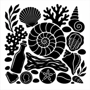 Monochrome museum-style specimen plate of reef and coastal forms.