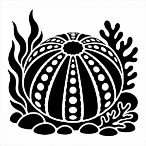 Bold monochrome sea urchin shell with a rounded patterned form.