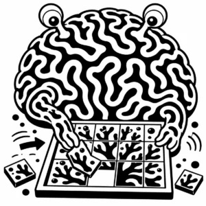 Whimsical brain coral character solving a sliding picture puzzle.
