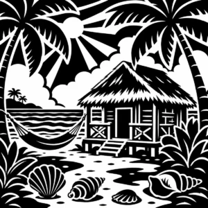 Monochrome tropical beach hut beside a coastal reef setting.