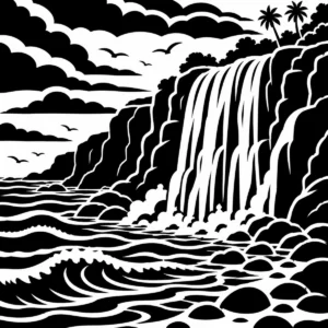 Monochrome coastal waterfall flowing toward a coral reef.