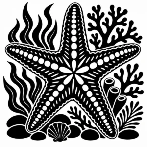 Bold monochrome starfish with five sturdy arms in a simple shore-life study.