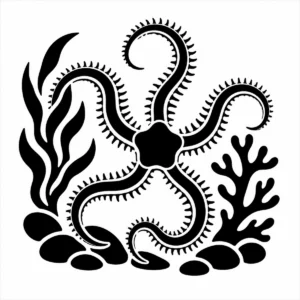 Bold monochrome brittle star with long delicate arms radiating from the centre.