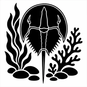Bold monochrome horseshoe crab with a broad ancient shell and long tail.