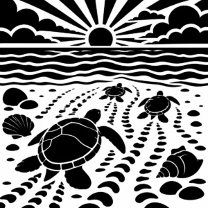 Monochrome sea turtle swimming calmly through an underwater coastal scene.