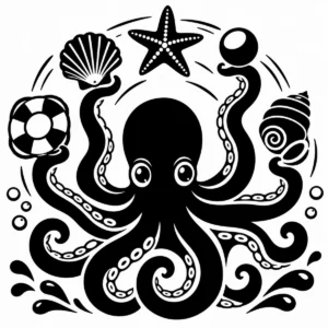 Whimsical octopus character juggling a playful collection of seaside treasures.