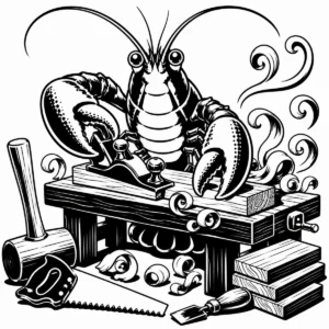 Whimsical lobster carpenter working carefully at a traditional woodworking bench.