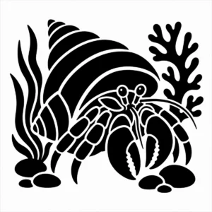 Bold monochrome hermit crab carrying a rounded borrowed shell home.