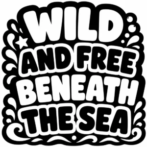Bold monochrome lettering reading Wild and Free Beneath the Sea.