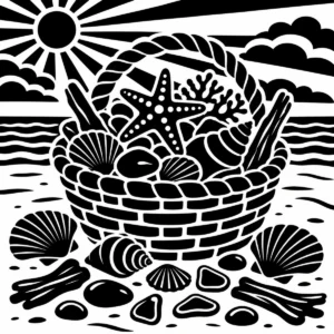 Monochrome basket filled with shells and other beach treasures.