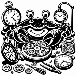 Whimsical crab clockmaker working on the mechanism of a large clock.