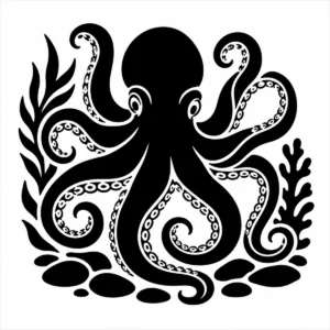 Bold monochrome octopus with flowing arms and a curious expressive pose.