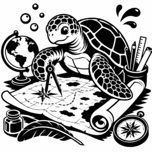 Whimsical sea turtle cartographer studying a nautical chart with navigation tools.