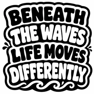 Bold monochrome lettering reading Beneath the Waves, Life Moves Differently.
