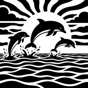 Monochrome dolphins leaping dynamically through a simplified ocean scene.