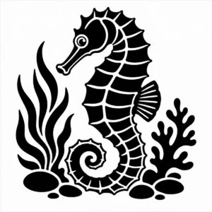Bold monochrome seahorse with a curled tail and distinctive upright form.