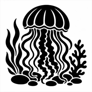 Bold monochrome jellyfish drifting with a rounded bell and flowing tentacles.