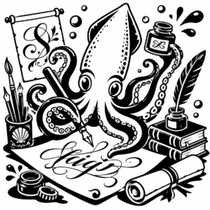 Whimsical squid calligrapher working with pens and ink using its long arms.
